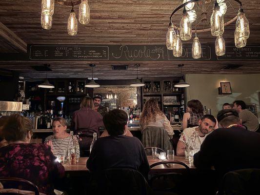 Communal tables, 2-tops, 4-tops, bar stools