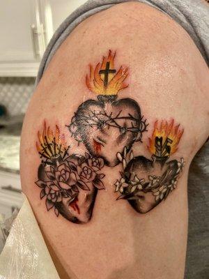 Sacred Heart of Jesus, Immaculate Heart of Mary and Chaste Heart of St. Joseph tattoo