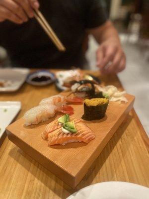 Amaebi, Unagi, Seared Salmon, and Uni Nigiri