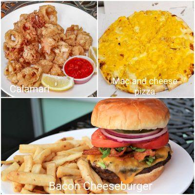 Fried Calamari, Mac and Cheese Pizza. Bacon cheeseburger and fries.