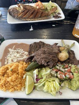 Carne asada plate and fish with salad and rice