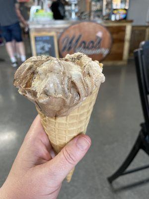 Brookie (brownie and chocolate chip cookie dough) ice cream in waffle cone