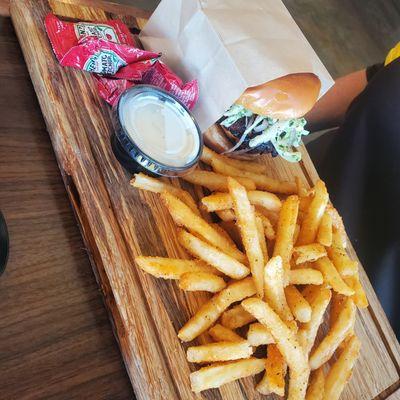 Hot Hen Sandwich with fries.