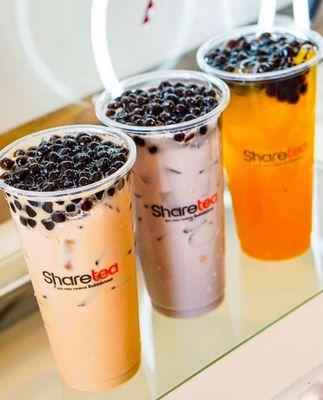 Thai Milk Tea, Taro Milk Tea, Mango Fruit Tea with Boba (left to right)