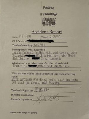 Original report from the day of the accident. **Crossed of my daughter's name for our privacy.