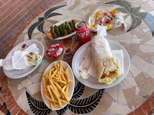 Chicken Shawerma Sandwich, Kefta Sandwich, Stuffed Grape Leaves.