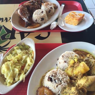 Jerk chicken with rice and peas, plaintains and Mac n cheese (top), curry chicken with rice and peas, plaintains and cabbage (below)!