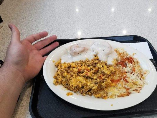 Chorizo & egg scramble with hash browns and biscuits and gravy