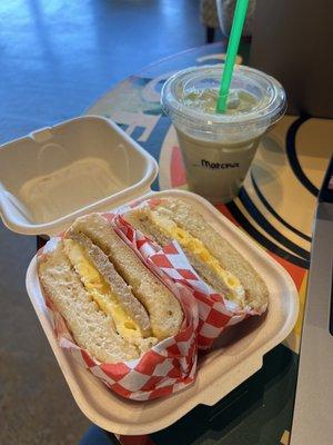 Breakfast Sandwich and Iced Matcha Latte