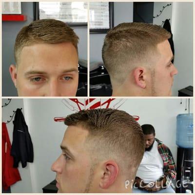 Men's Comb Over/ Fade/ with chin strap beard and mustache trim.   By:Terrance