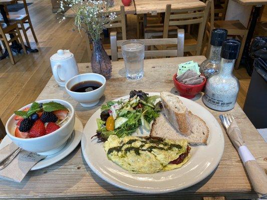 Mushroom and Mushroom & Goat Cheese Omelette, Organic Steel-Cut Oatmeal with Fresh Berries