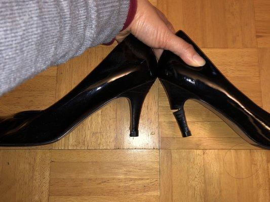 The heels were cut too short, causing one to break because the angle changed.