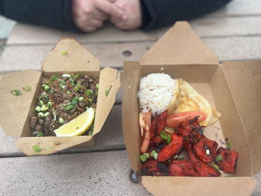 Vegan tofu sisig and jackfruit tocino with vegan egg & garlic rice