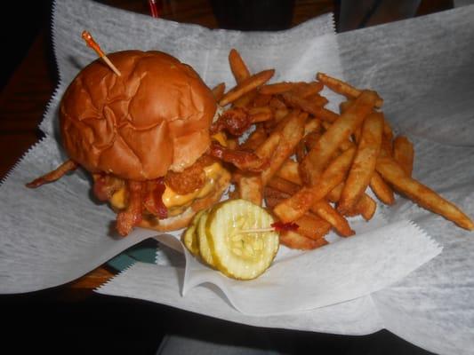 FPC Burger. Half-pound burger, American cheese, bacon, tater tots, fried egg, chipote mayo with side of fries. $5.00 on Wednesday.