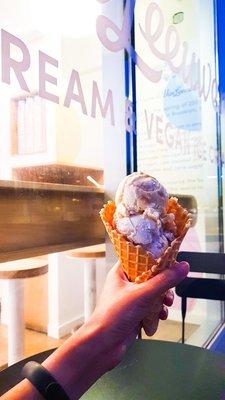 Honeycomb and vegan smores icecream in waffle cone