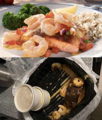 Ordered  Salmon* New Orleans to-go. Top picture is from Red Lobster's website and the bottom is what we saw when we opened it at home!