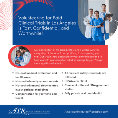 Volunteering for paid clinical trials in Los Angeles is fast, confidential, and rewarding!...