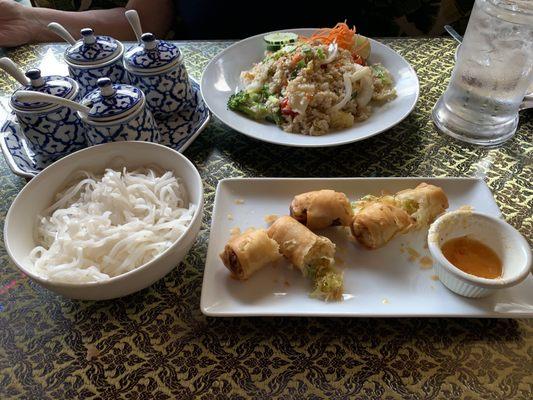 Spring rolls and Pineapple fried rice! Yum!