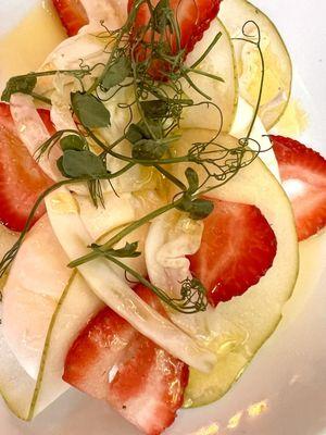 Burrata with strawberries, pears and fennel.