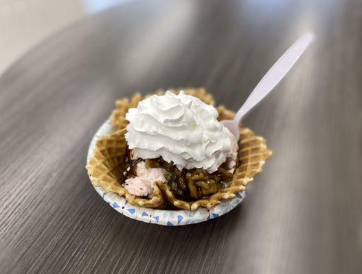 Peppermint Bark with wet walnuts and chocolate fudge in a freshly made waffle bowl.