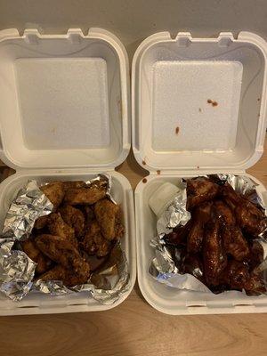 Chipotle (left) and BBQ (right) wings.