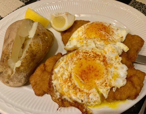 Wiener Schnitzel a la  Holstein  w/Baked Potato