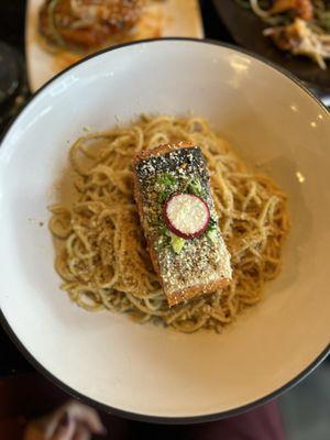 Spicy garlic noodles and salmon