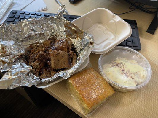 Brisket pulled pork corn bread potato salad