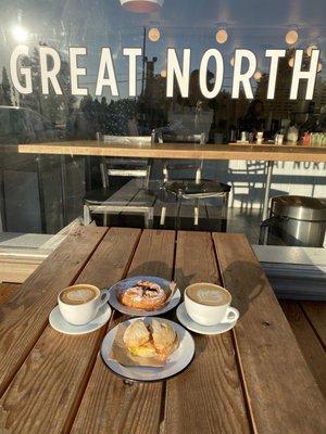 Cafe latte, danish (blackberry) pastry and the breakfast ham sandwich.