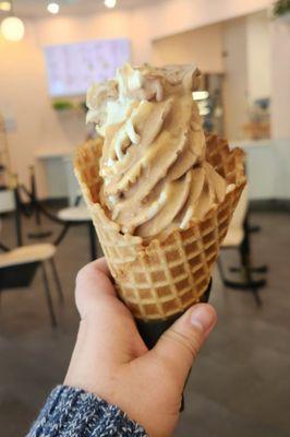 Chocolate vanilla swirl with peanutbutter shell on a waffle cone!