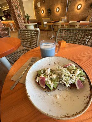 Ocean Blue Latte and Avocado Toast