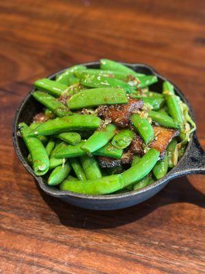 Snap Peas with pork belly and cabbage