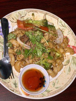 Nui Xao Bo  Stir Fried Macaroni with Shaking Beef