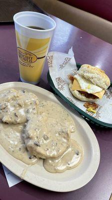 Bacon, egg, and cheese biscuit. Sausage and gravy biscuit.  Large coffee.