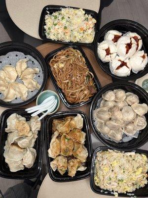 Juicy Pork dumplings, fried noodles/rice, spicy wontons, shrimp wontons