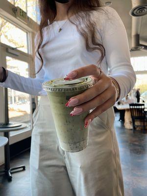 Iced matcha with oatmilk