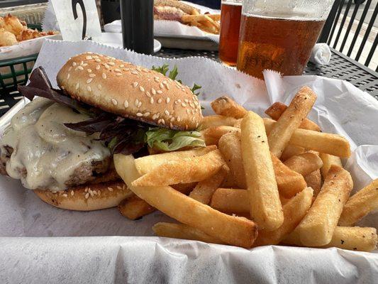 Mushroom & Swiss burger, French fries