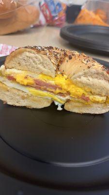 Taylor ham, egg and cheese on an everything bagel