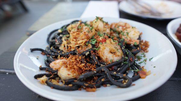 Squid ink spaghetti with shrimp only (ran out of the other topping)