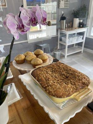 Sour cream coffee cake and sweet corn muffins