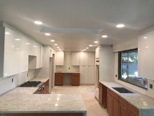 Recessed can lighting throughout newly remodeled kitchen in Kenmore, WA