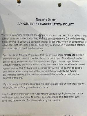 Appointment cancellation fee, $75