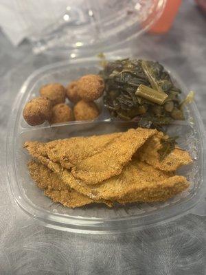 2 piece Whiting with greens and hush puppies