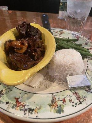 Teriyaki Steak Tips with rice and green beans