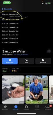 SJWATER Opens at "8 am" .....Called at 9:30 am. 1 hour hold.