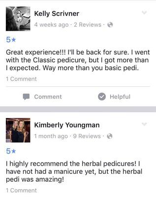 Reviews/comments on the Facebook page from previous customers about their visit at Bellagio Nails & Salon!