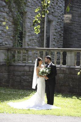 Bride and groom in terrace garden at Reid Castle