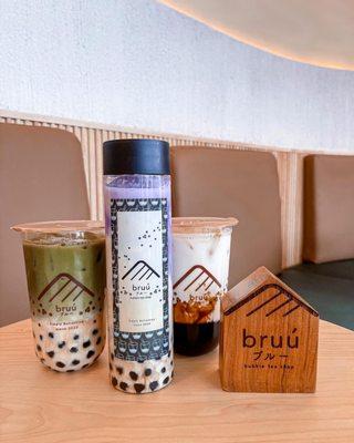 Green tea, taro latte, and brown sugar