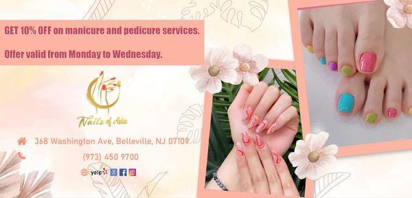 GET 10% OFF on manicure and pedicure services.
Offer valid from Monday to Wednesday.