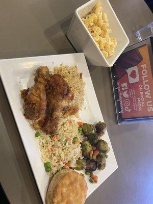 korean fried chicken, quinoa, mac and cheese, brussels sprouts, fried rice, biscuit